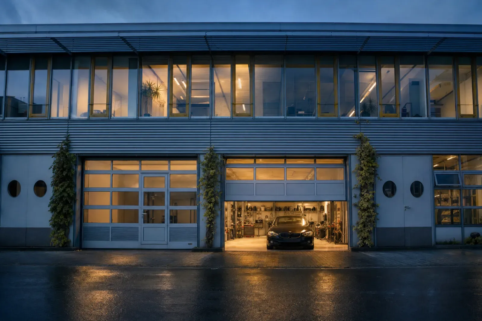 Halle von Colortronix in der Hohenbuckstraße 3 in Nürnberg am Abend, Tor offen