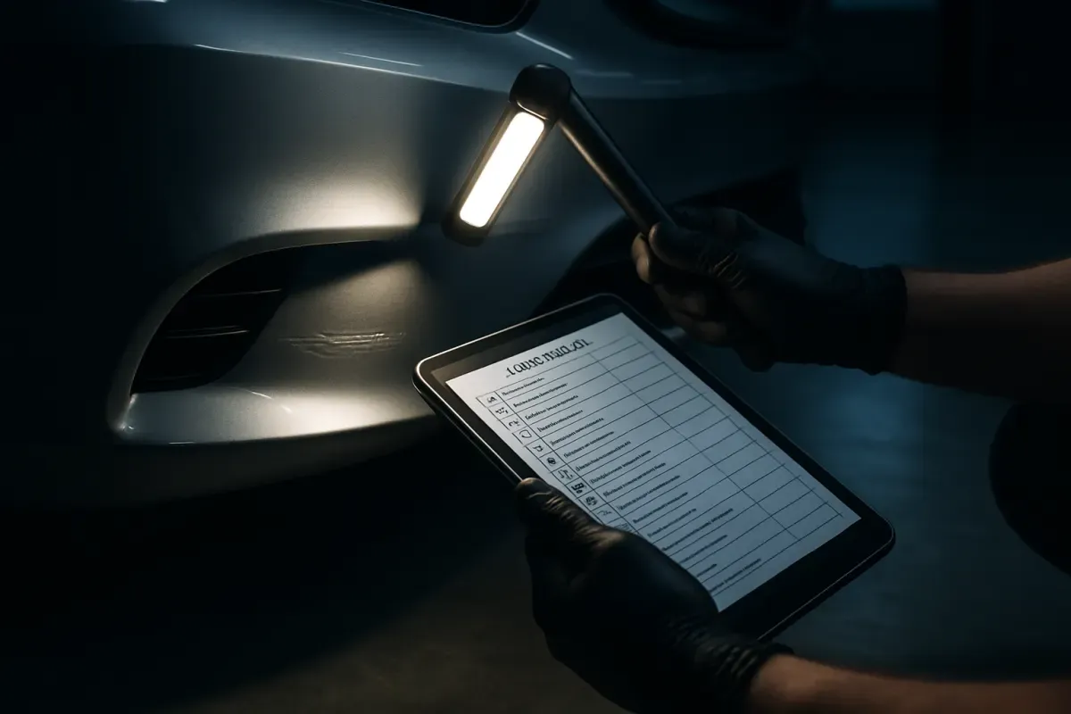 Leasing-Check mit Tablet und Prüflampe an der Stoßstange