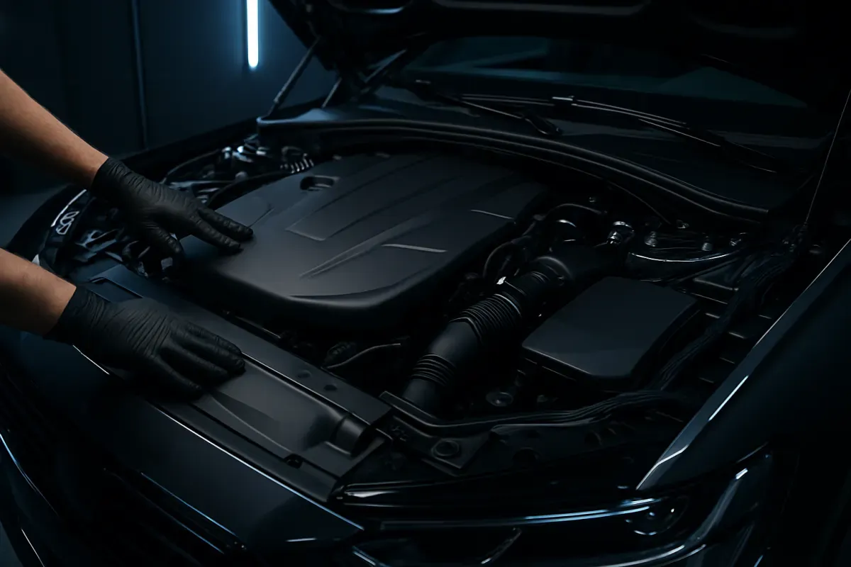 Gereinigter Motorraum bei geöffneter Motorhaube