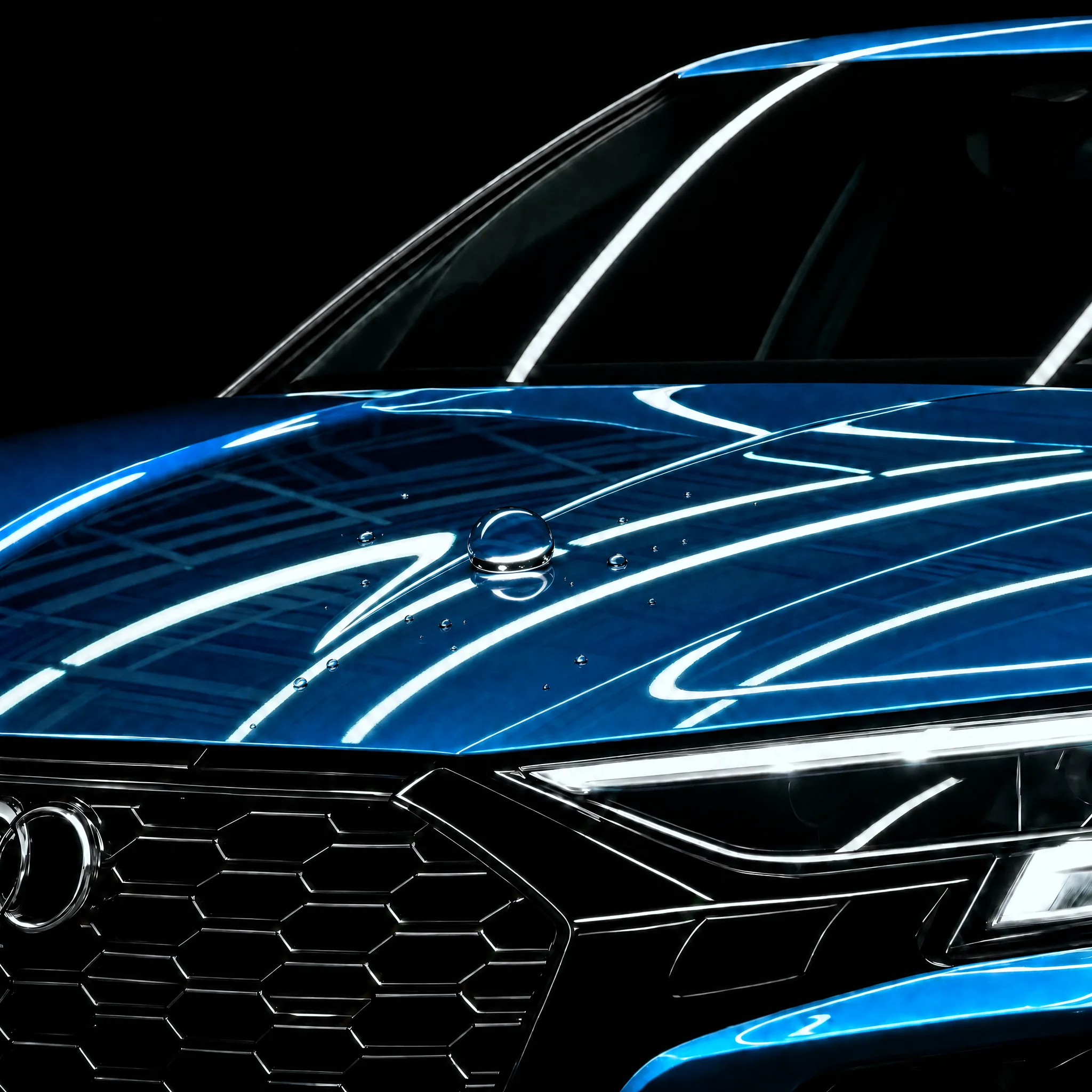 Wassertropfen perlt auf keramikversiegelter Motorhaube ab