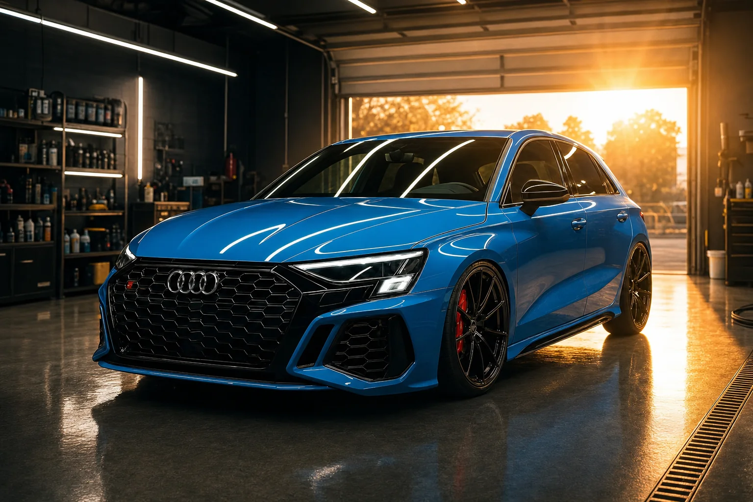 Glänzender Audi RS3 bei Sonnenuntergang, bereit zur Abholung